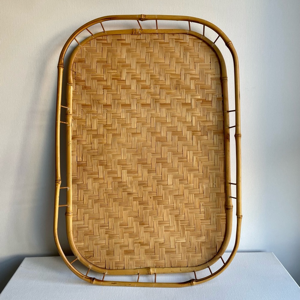 Vintage Bamboo Woven Rattan Wicker Tiki Bar Serving Lap Tray